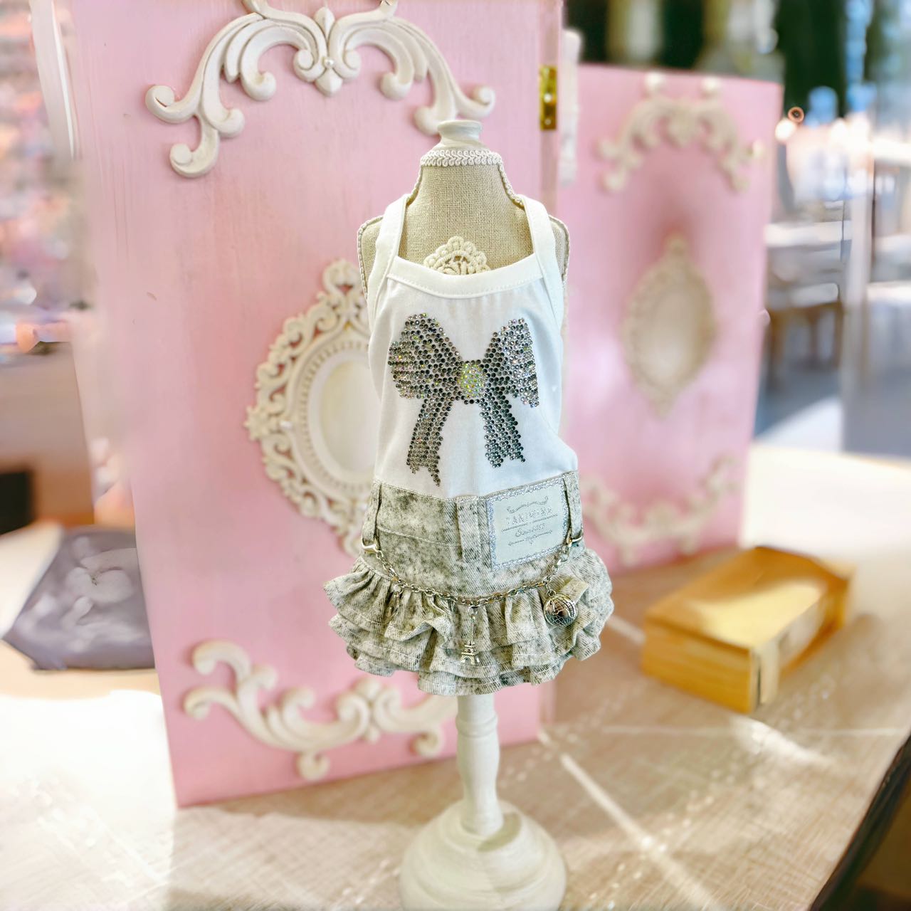 작은 개를위한 Taniwina Bling Ribbon Rhinestone 데님 스커트