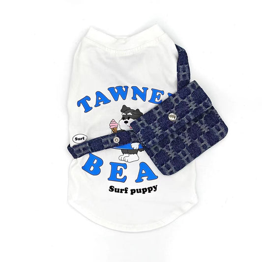 Tawney Bear Surf Puppy Graphic Dog T-Shirt with Denim Side Bag
