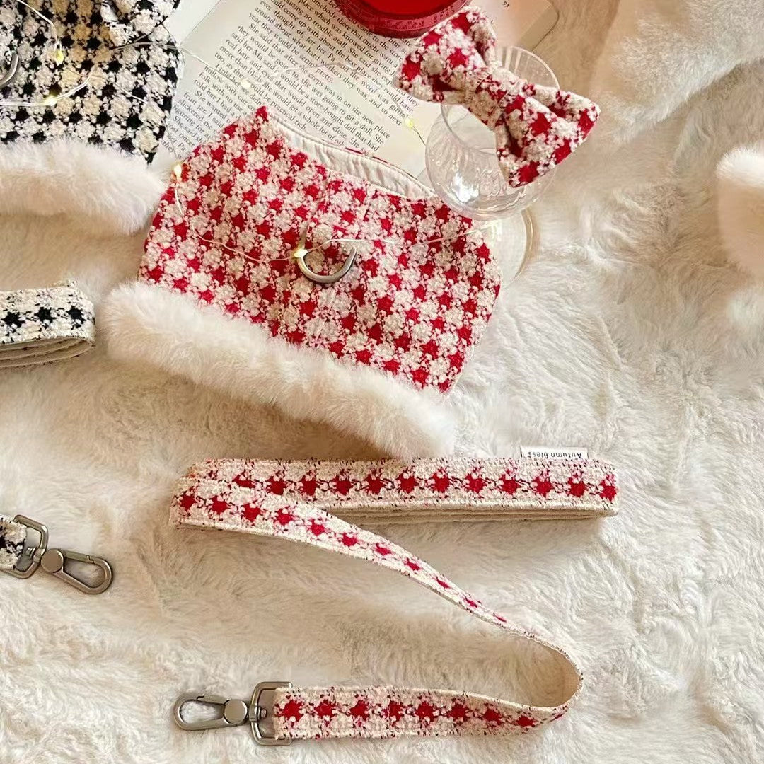 Autumn Bless クリスマススノーハウンドトゥースふわもこハーネス（Dリング付き）| Christmas Snowy Houndstooth Fur Harness – D-Ring Design