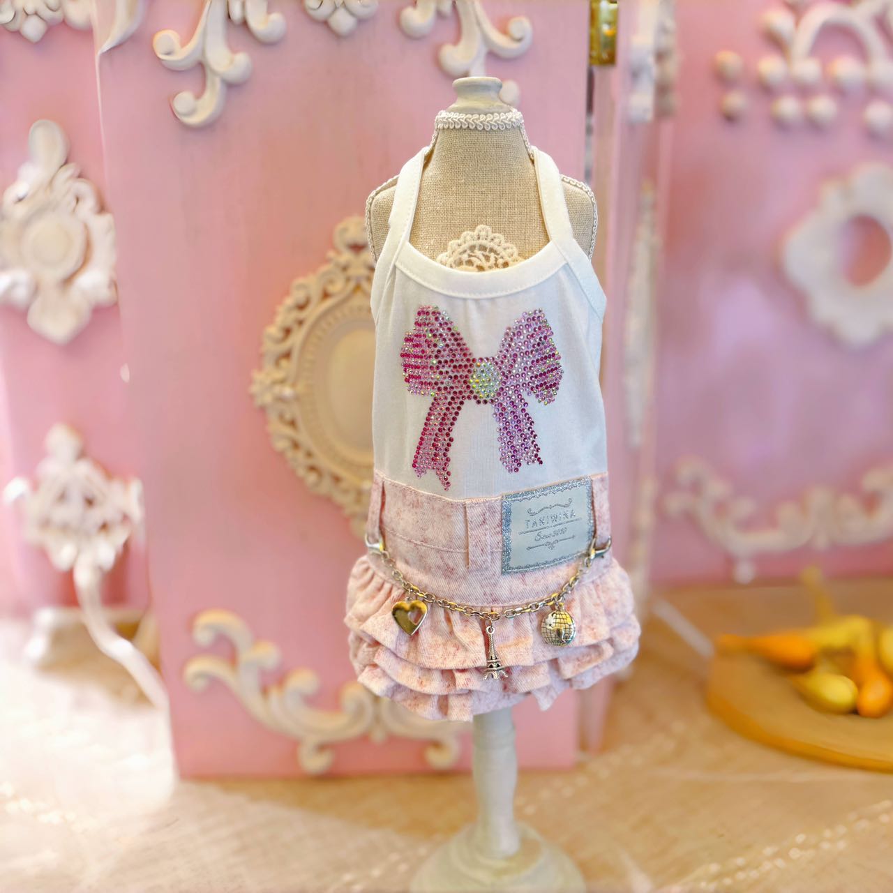 작은 개를위한 Taniwina Bling Ribbon Rhinestone 데님 스커트
