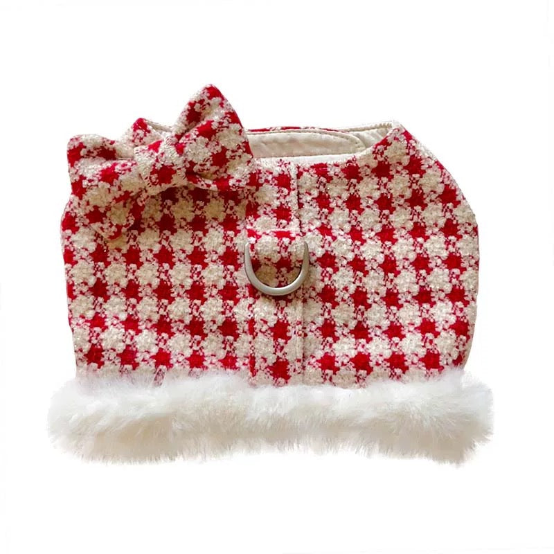 Autumn Bless クリスマススノーハウンドトゥースふわもこハーネス（Dリング付き）| Christmas Snowy Houndstooth Fur Harness – D-Ring Design