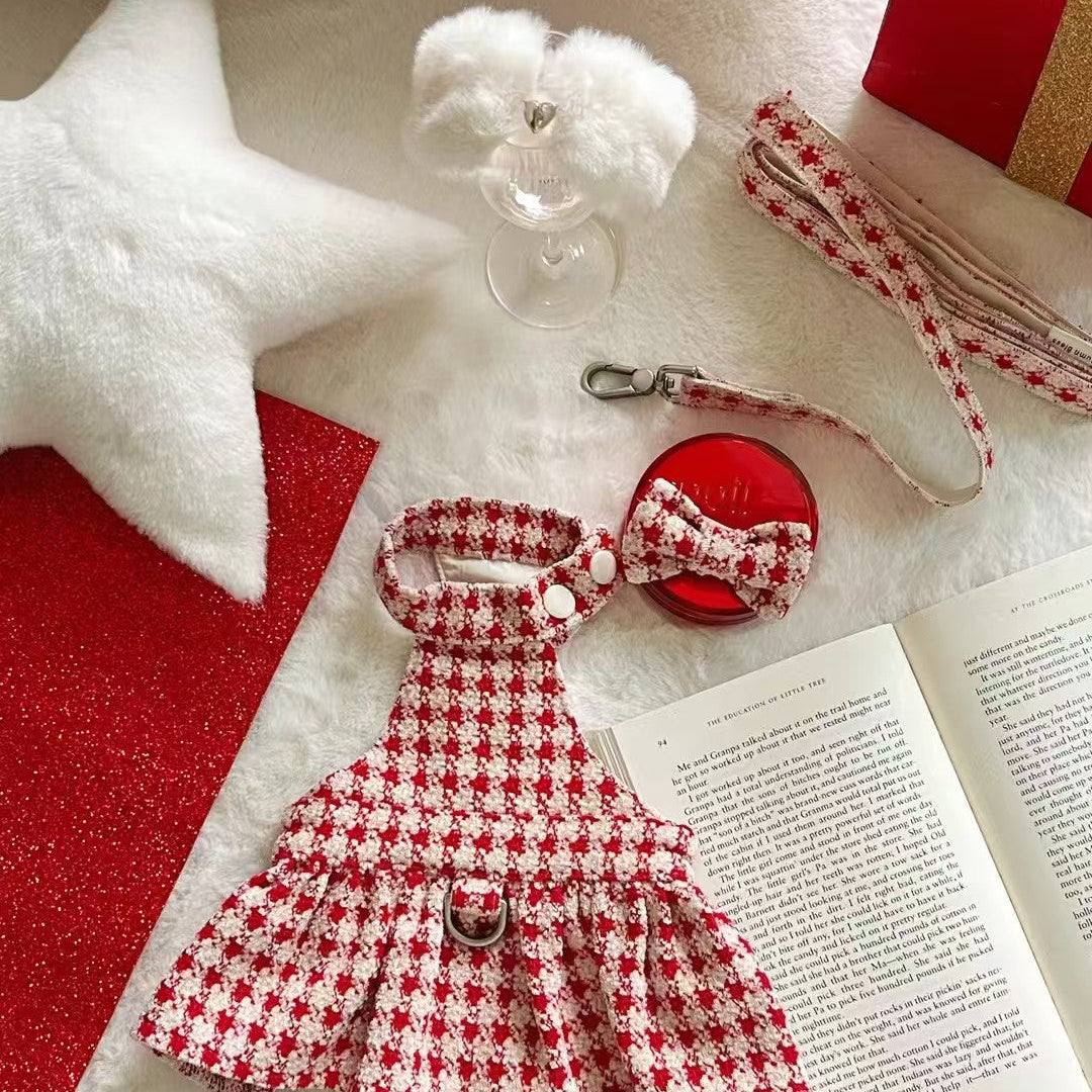 Autumn Bless クリスマス千鳥柄ふわもこハーネスワンピース（Dリング付き）| Christmas Houndstooth Fur Harness Dress – D-Ring Design