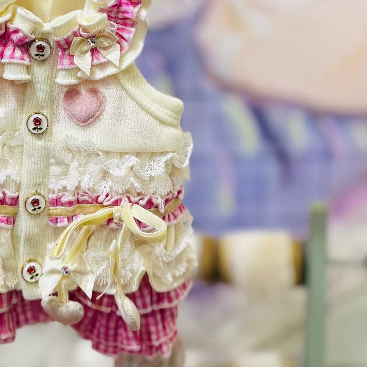 Elsamilu White & Pink Ruffle Dress with Heart & Bows