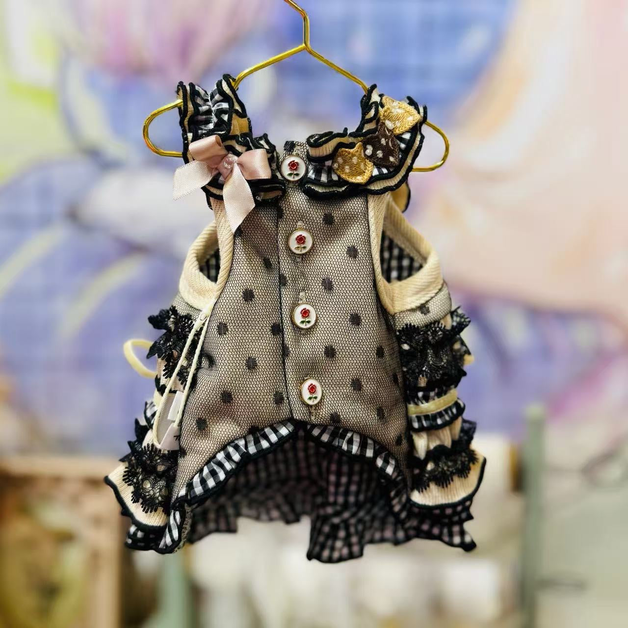 Elsamilu Mocha Black Ruffle Dress with Heart & Cherries