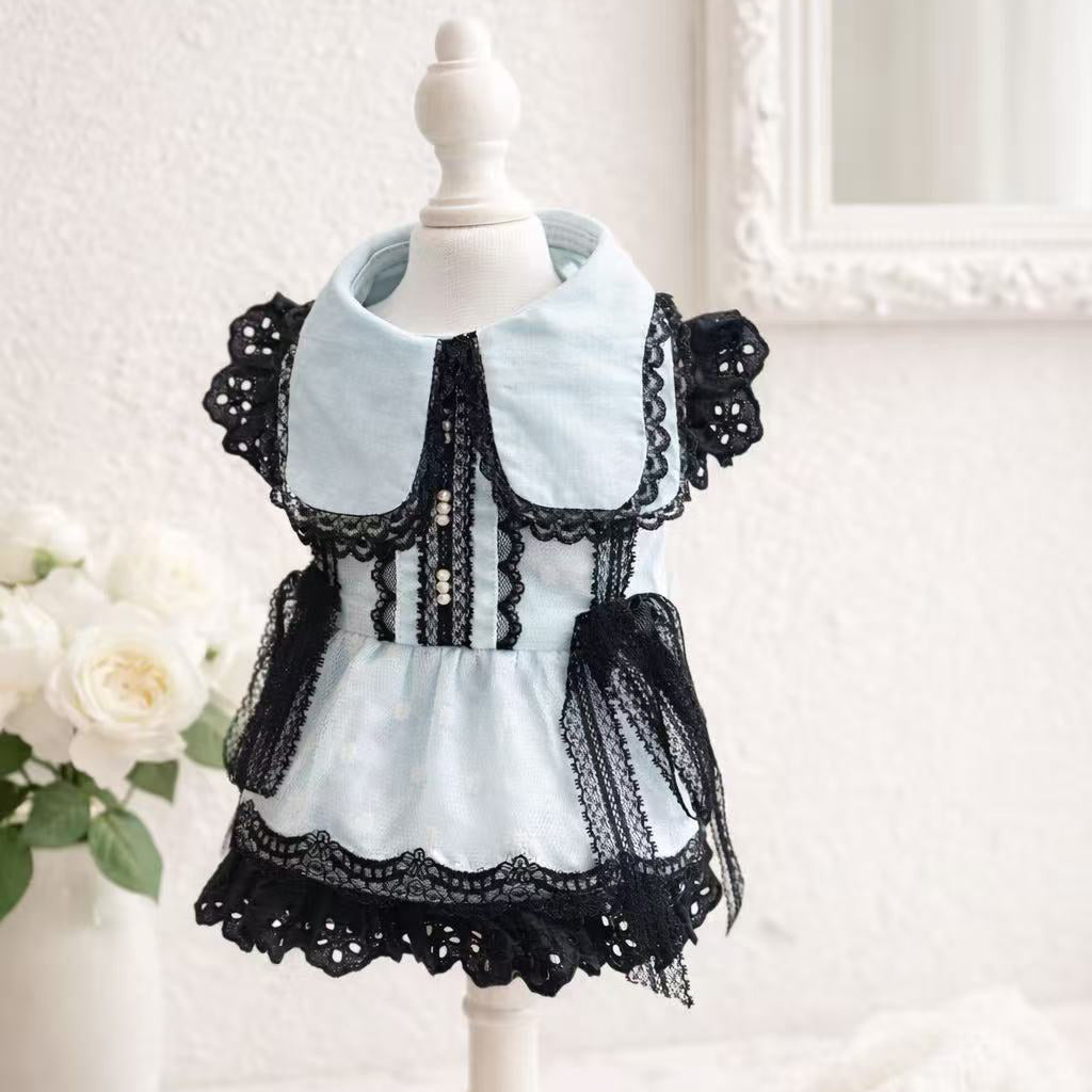 Elsamilu Gothic Lace Flutter Sleeve Pet Dress – Pink & Blue Romantic Outfit for Small Dogs & Cats