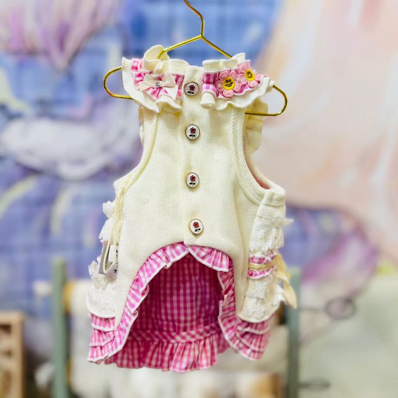 Elsamilu White & Pink Ruffle Dress with Heart & Bows