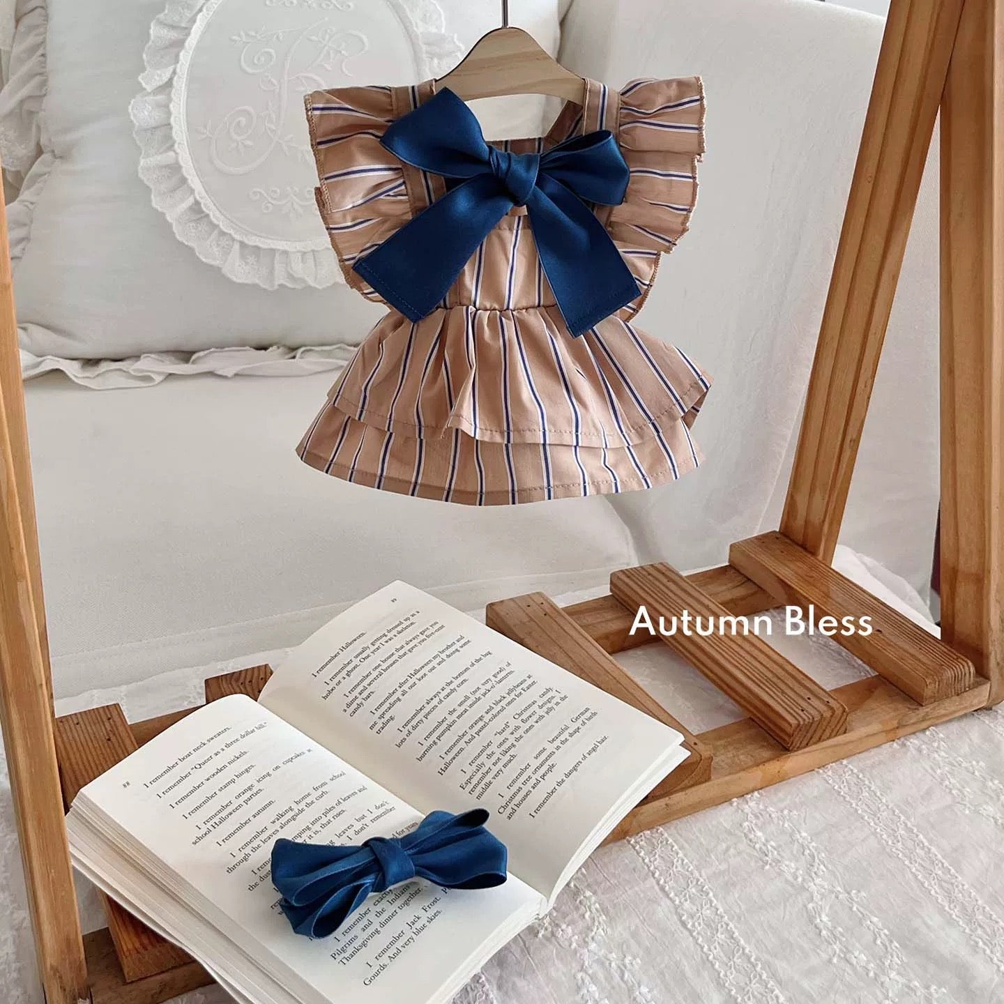 Autumn Bless ストライプリボンドレス（単品・ヘアアクセセット）| Striped Ribbon Dress (Single or with Hair Clip Set)