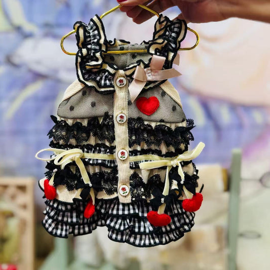Elsamilu Mocha Black Ruffle Dress with Heart & Cherries