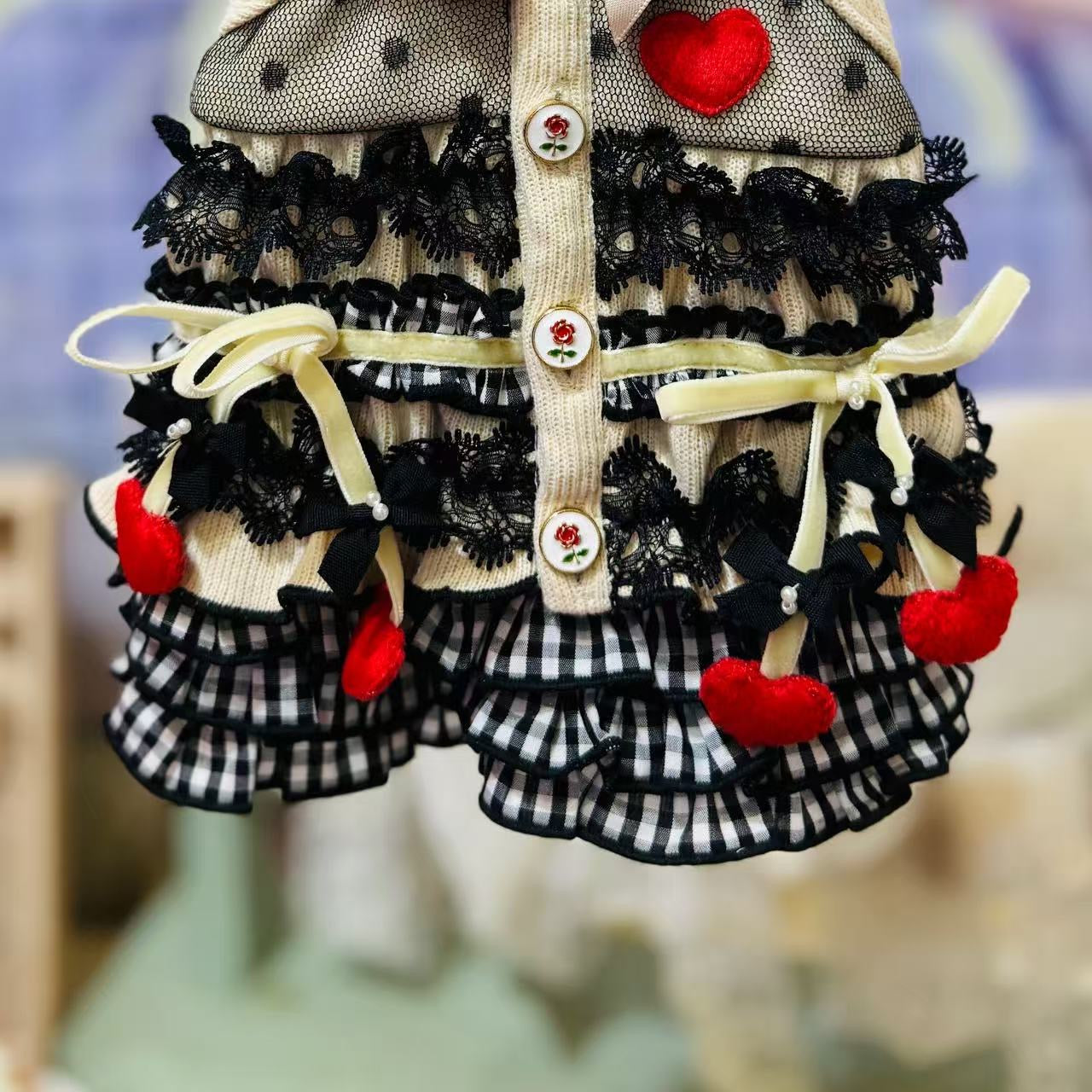 Elsamilu Mocha Black Ruffle Dress with Heart & Cherries