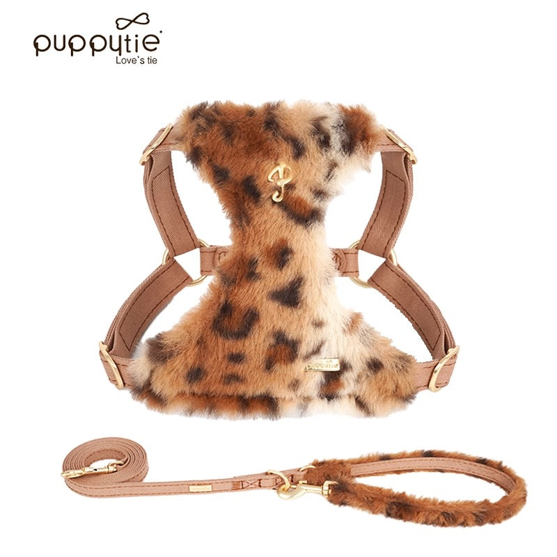 Puppytie 秋冬向け高級フリース素材 ペット用犬の散歩リード|Leopard Print Fleece Dog & Cat Harness – Adjustable No-Pull Winter Vest for Small Pets