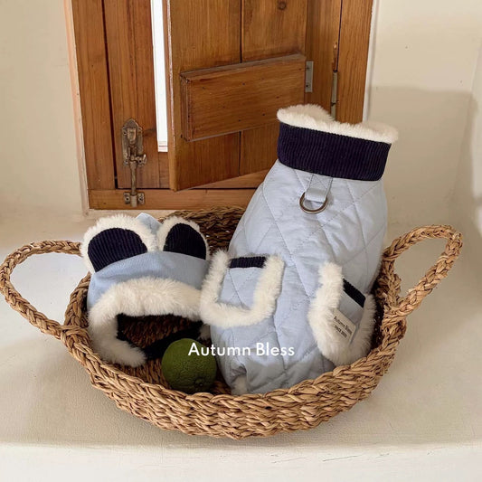 Autumn Bless ふわもこ冬あったかジャケット – テディ柄／キルティングブルー | Furry Cozy Winter Jacket – Teddy Print & Quilted Blue