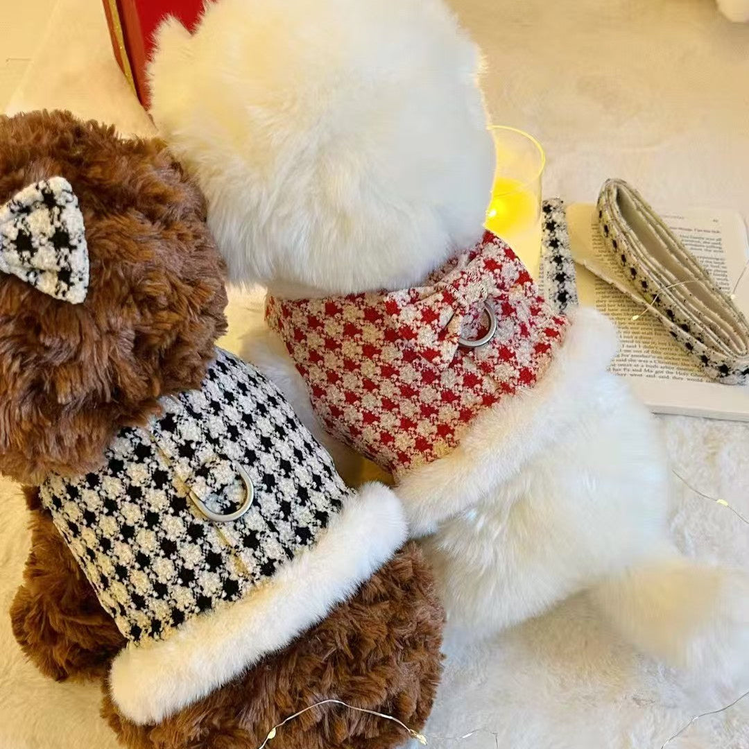 Autumn Bless クリスマススノーハウンドトゥースふわもこハーネス（Dリング付き）| Christmas Snowy Houndstooth Fur Harness – D-Ring Design