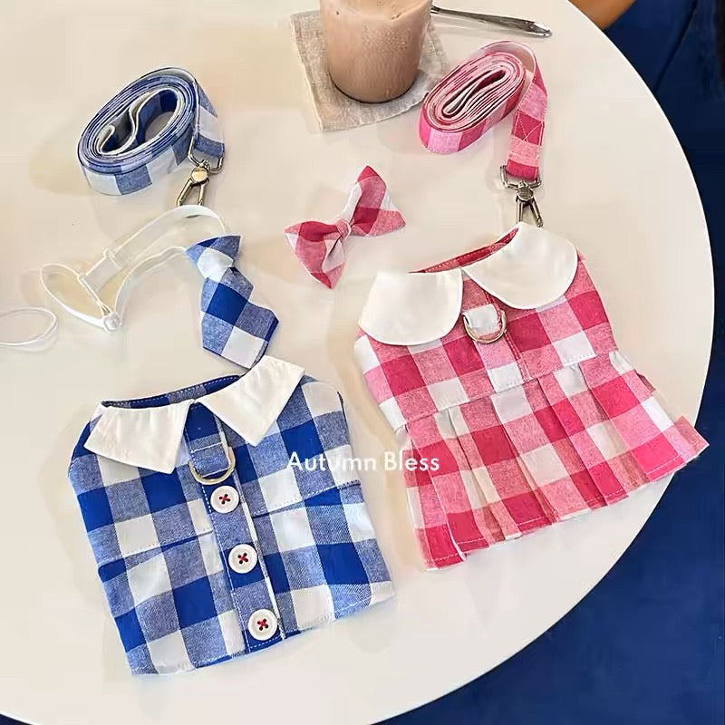 가을 축복 격자 무늬 드레스와 하네스 세트 - Pink & Blue Collection