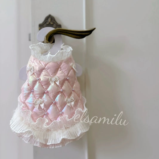 Elsamilu Pearl Bow Quilted Winter Dress – 4 Colors