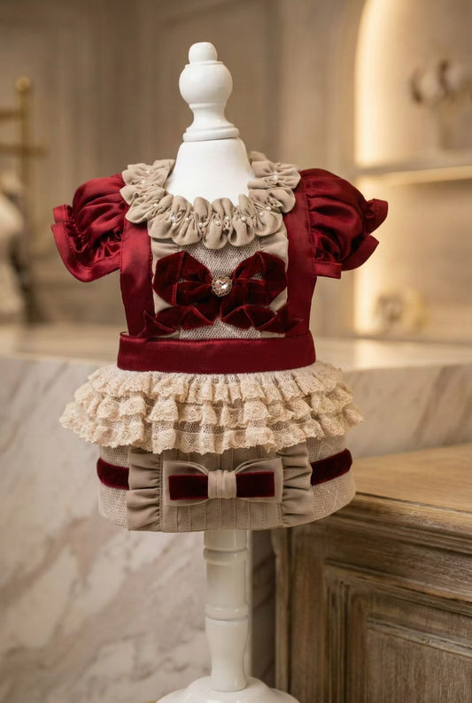Elsamilu Bordeaux Velvet Romance Pet Dress – Elegant Winter Outfit for Small Dogs & Cats