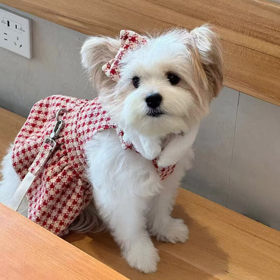 Autumn Bless クリスマス千鳥柄ふわもこハーネスワンピース（Dリング付き）| Christmas Houndstooth Fur Harness Dress – D-Ring Design