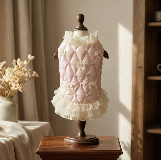 Elsamilu Pearl Bow Quilted Winter Down Dress – Blush Pink