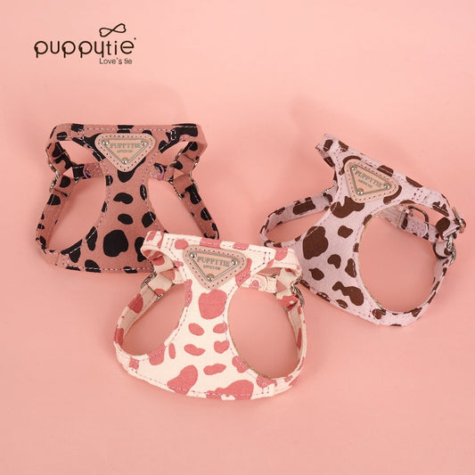 Puppytie【小型犬・猫用】牛柄ハーネス＆リードセット｜甘かわデザインでお散歩をもっと楽しく｜Cow-Pattern Dog & Cat Harness with Leash | Cute Small Pet Harness