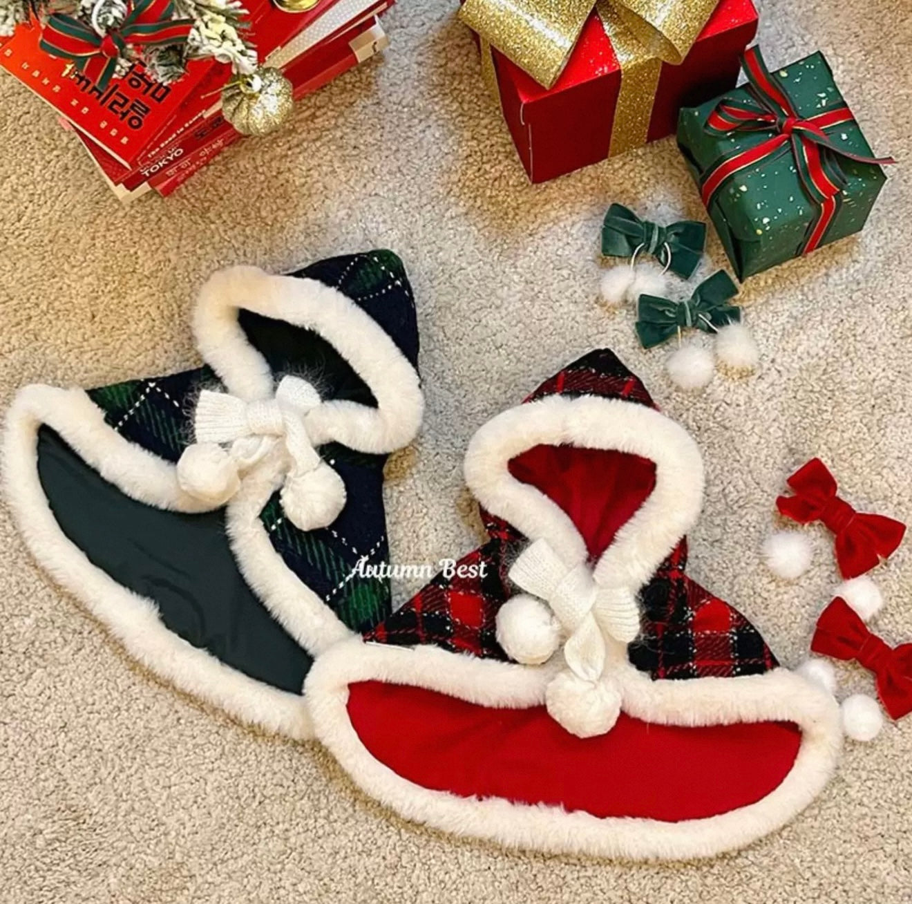 Autumn Bless メリーチェック柄リバーシブルペットマント | Merry Tartan Reversible Pet Cloak