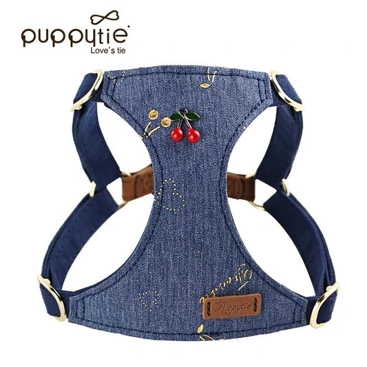 Puppytie デニムチェリードッグ＆キャットハーネス – 引っ張り防止ペットベスト（ソフトスエード背面付き）| Denim Cherry Dog & Cat Harness – No-Pull Pet Vest with Soft Suede Back