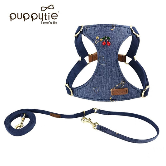 Puppytie デニムチェリードッグ＆キャットハーネス – 引っ張り防止ペットベスト（ソフトスエード背面付き）| Denim Cherry Dog & Cat Harness – No-Pull Pet Vest with Soft Suede Back