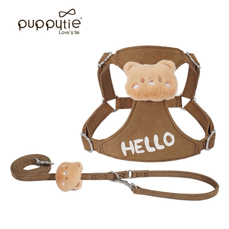 Puppytie HELLOスエードドッグ＆キャットハーネス – 可愛いプリント付きソフトプラッシュペットベスト| HELLO Suede Dog & Cat Harness – Soft Plush Pet Vest with Cute Print