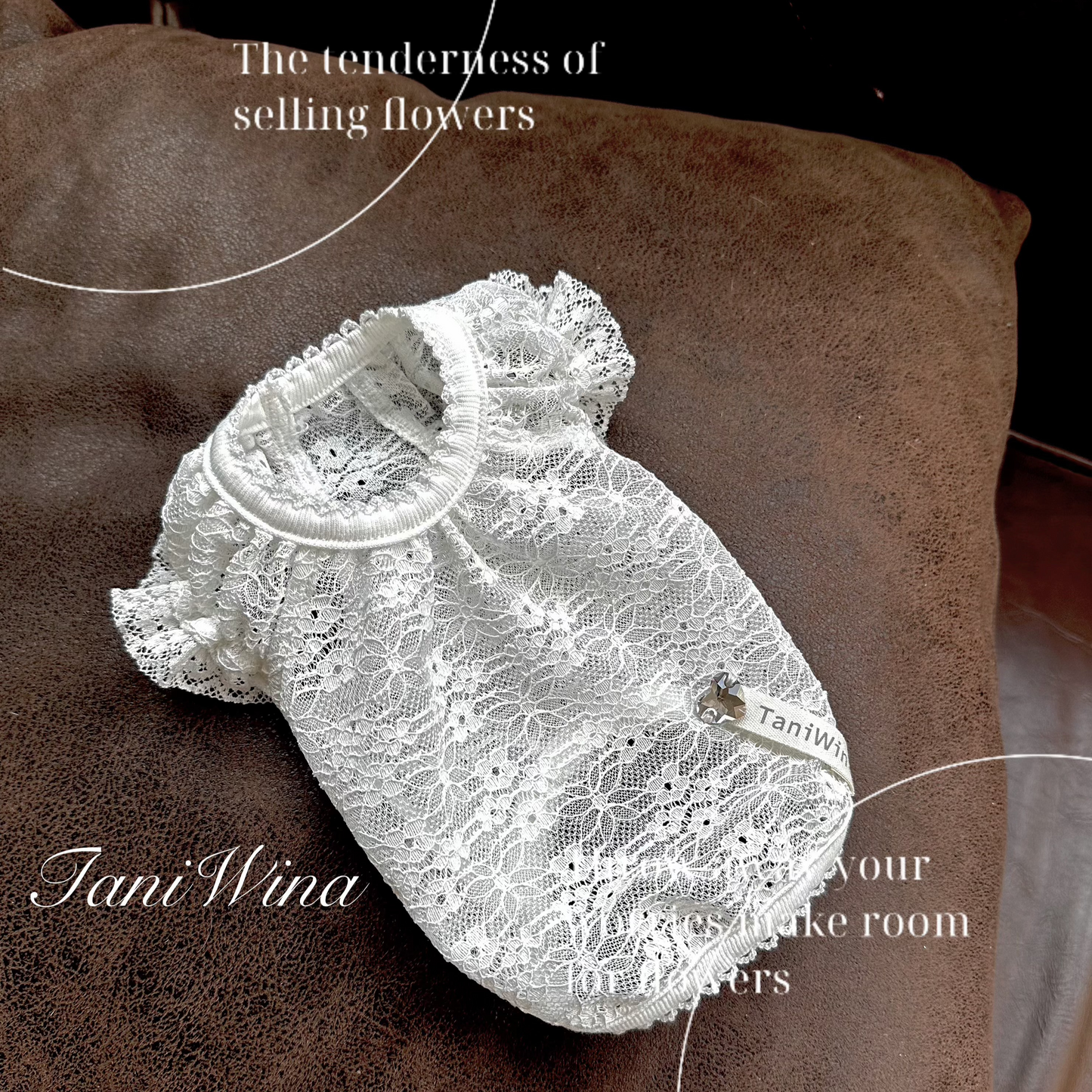 TaniWina Lace Blossom Puff Sleeve Heart Swarovski Crystal Top