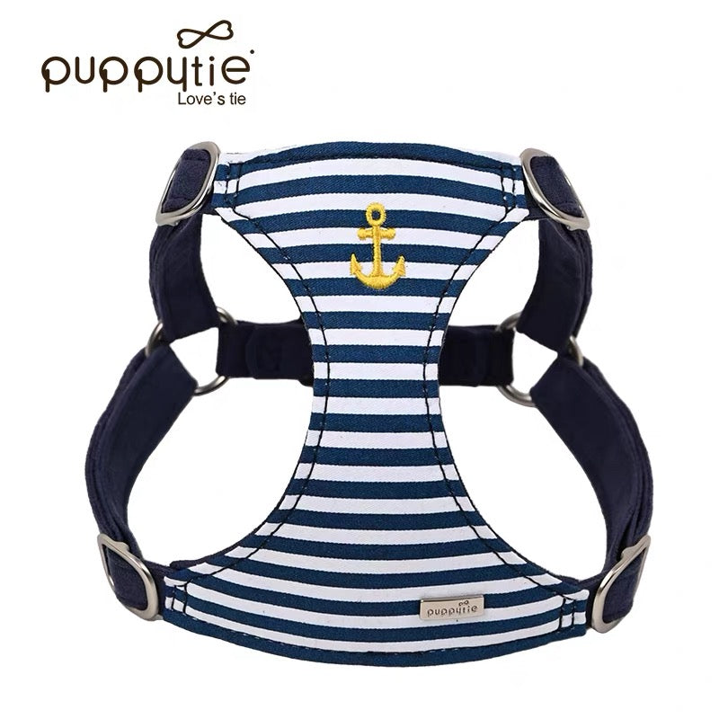 Puppytie マリンストライプドッグ＆キャットハーネス – アンカー刺繍入り軽量サマーペットベスト|Nautical Striped Dog & Cat Harness – Lightweight Summer Pet Vest with Anchor Embroidery