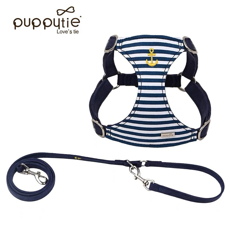 Puppytie マリンストライプドッグ＆キャットハーネス – アンカー刺繍入り軽量サマーペットベスト|Nautical Striped Dog & Cat Harness – Lightweight Summer Pet Vest with Anchor Embroidery