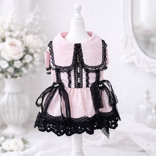 Elsamilu Gothic Romance Long Sleeve Pet Dress – Pink & Blue Lace Outfit for Small Dogs & Cats