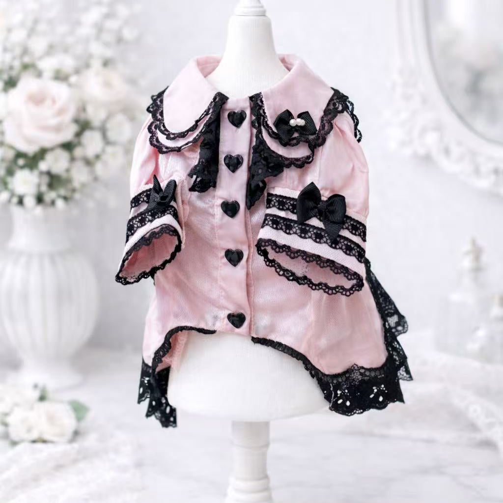 Elsamilu Gothic Romance Long Sleeve Pet Dress – Pink & Blue Lace Outfit for Small Dogs & Cats