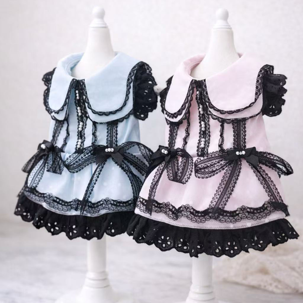 Elsamilu Gothic Lace Flutter Sleeve Pet Dress – Pink & Blue Romantic Outfit for Small Dogs & Cats