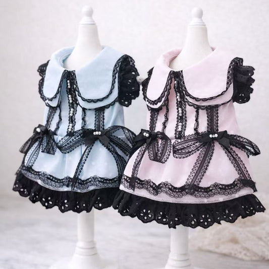 Elsamilu Gothic Lace Flutter Sleeve Pet Dress – Pink & Blue Romantic Outfit for Small Dogs & Cats