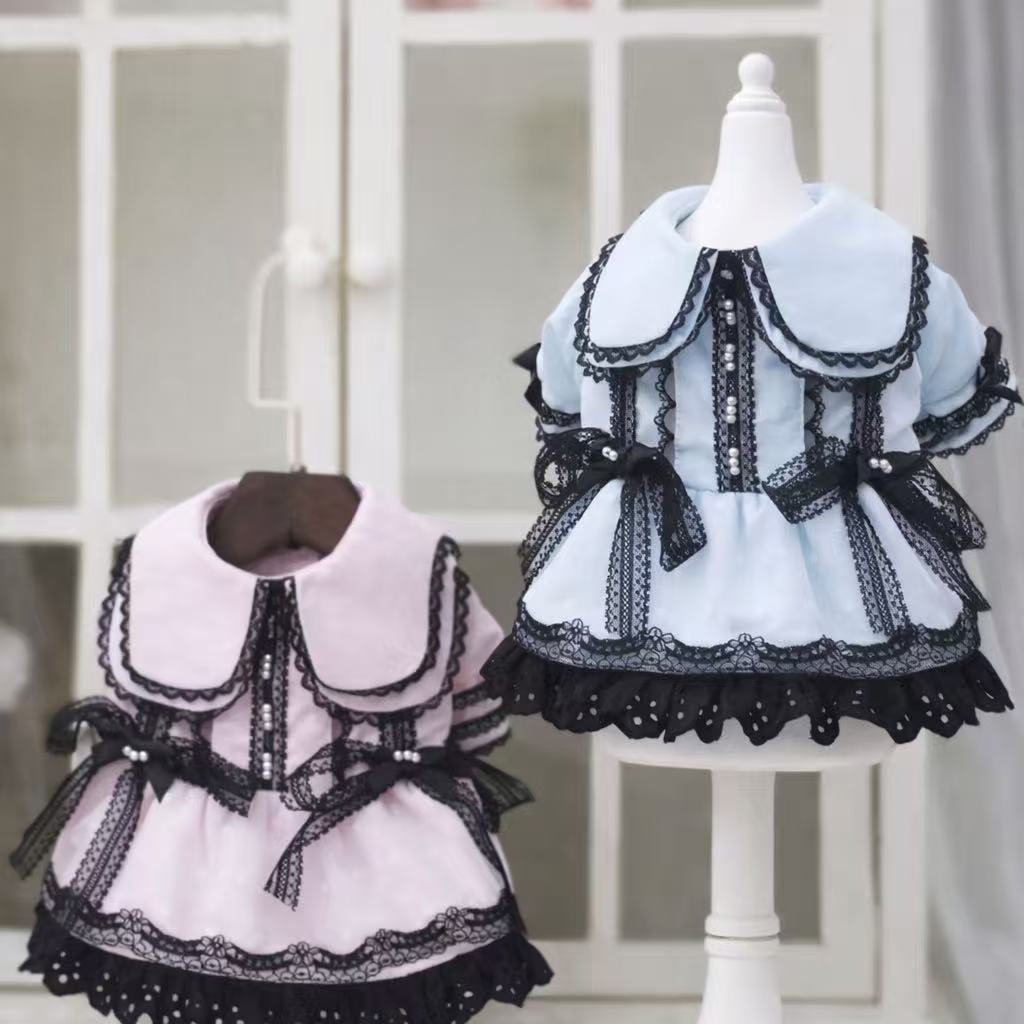 Elsamilu Gothic Romance Long Sleeve Pet Dress – Pink & Blue Lace Outfit for Small Dogs & Cats