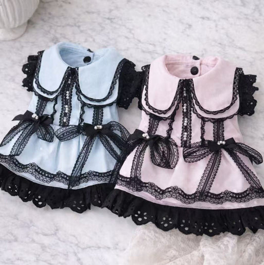 Elsamilu Gothic Lace Flutter Sleeve Pet Dress – Pink & Blue Romantic Outfit for Small Dogs & Cats