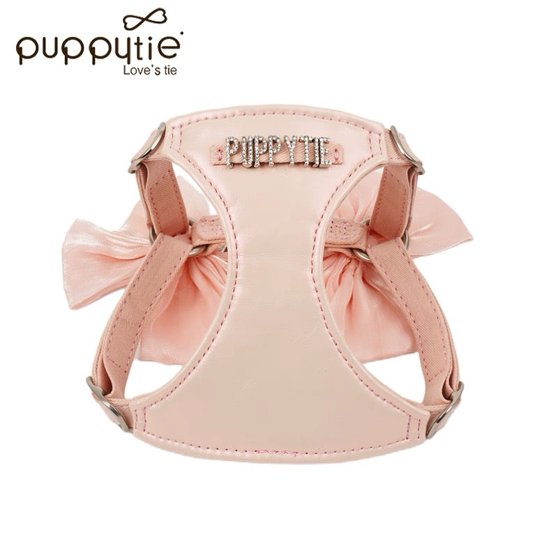 Puppytie ソフトピンクミラーレザーペットハーネス（リボン付き）| 猫＆小型犬用| Puppytie Soft Pink Mirror Leather Pet Harness with Bow | Cats & Small Dogs