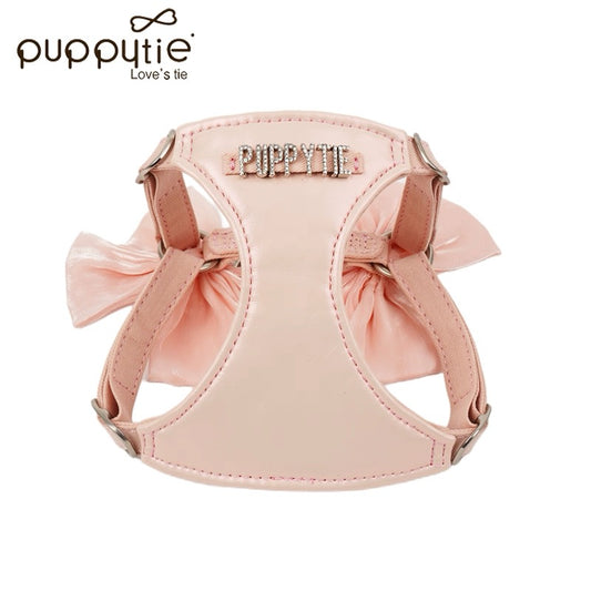 Puppytie ソフトピンクミラーレザーペットハーネス（リボン付き）| 猫＆小型犬用| Puppytie Soft Pink Mirror Leather Pet Harness with Bow | Cats & Small Dogs