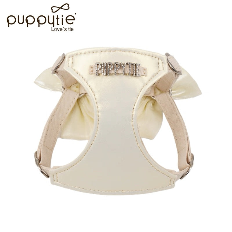 Puppytie ソフトピンクミラーレザーペットハーネス（リボン付き）| 猫＆小型犬用| Puppytie Soft Pink Mirror Leather Pet Harness with Bow | Cats & Small Dogs