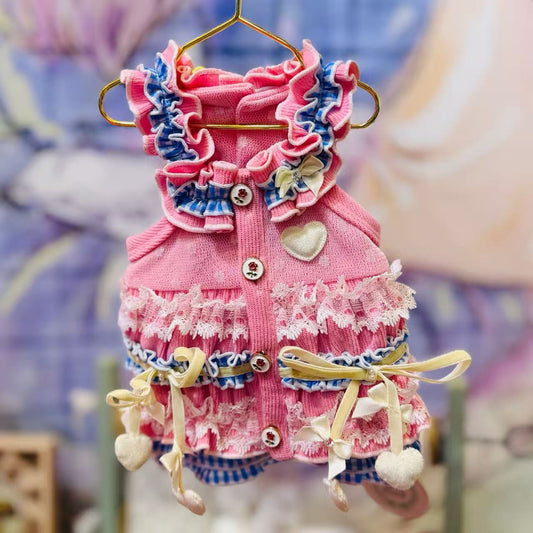Elsamilu Pink & Blue Frill Heart Dress with Lace & Bows