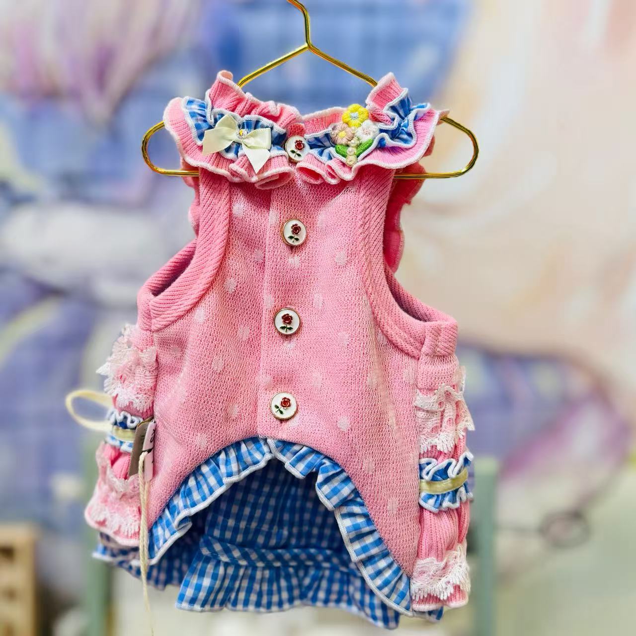 Elsamilu Pink & Blue Frill Heart Dress with Lace & Bows