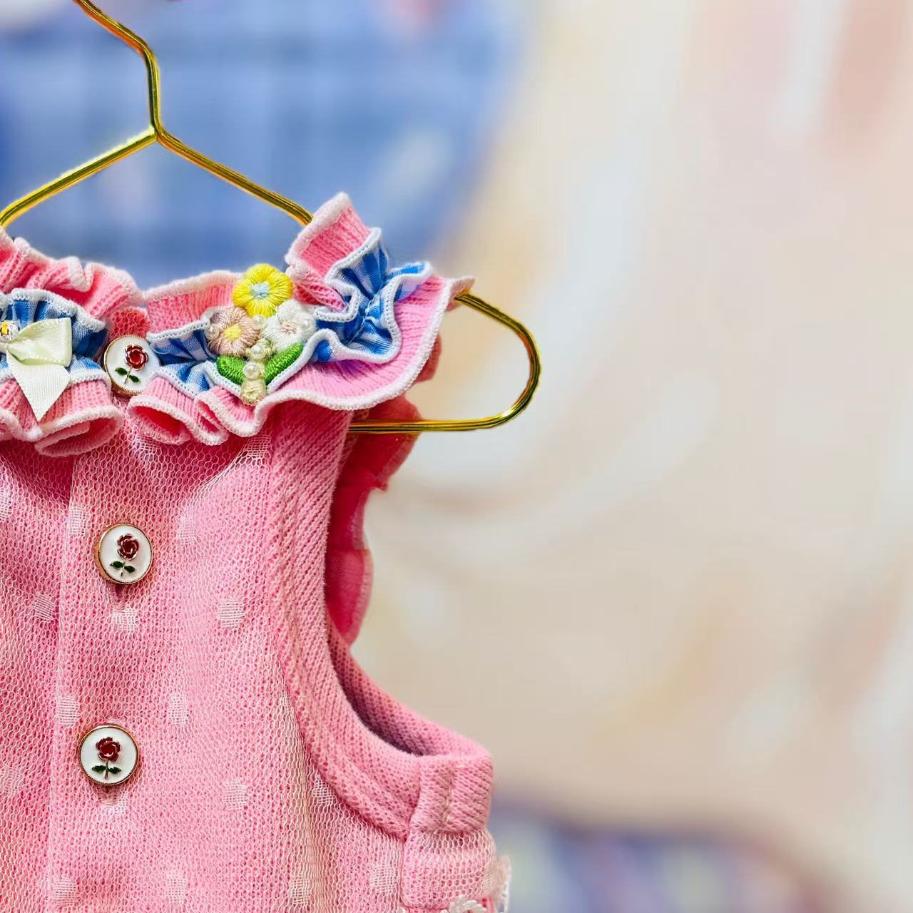Elsamilu Pink & Blue Frill Heart Dress with Lace & Bows