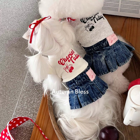Autumn Bless チェリーリンクコーデTシャツ ＆ デニムサスペンダースカート（ヘアアクセ・バンダナ付き）| Cherry Matching T-Shirt & Denim Suspender Skirt (with Hair Clip or Bandana)| Cherry T-Shirt & Denim Suspender Skirt (Family Matching Outfit)