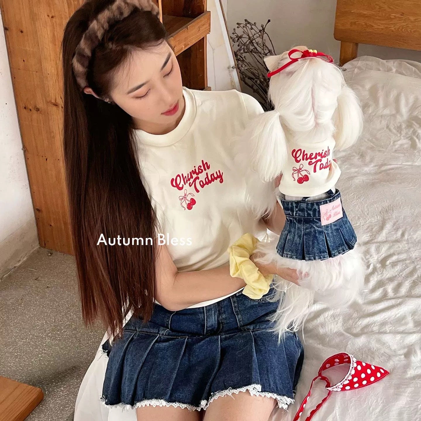 Autumn Bless チェリーリンクコーデTシャツ ＆ デニムサスペンダースカート（ヘアアクセ・バンダナ付き）| Cherry Matching T-Shirt & Denim Suspender Skirt (with Hair Clip or Bandana)| Cherry T-Shirt & Denim Suspender Skirt (Family Matching Outfit)