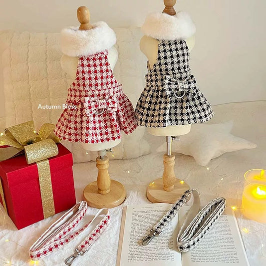 Autumn Bless クリスマス千鳥柄ふわもこハーネスワンピース（Dリング付き）| Christmas Houndstooth Fur Harness Dress – D-Ring Design
