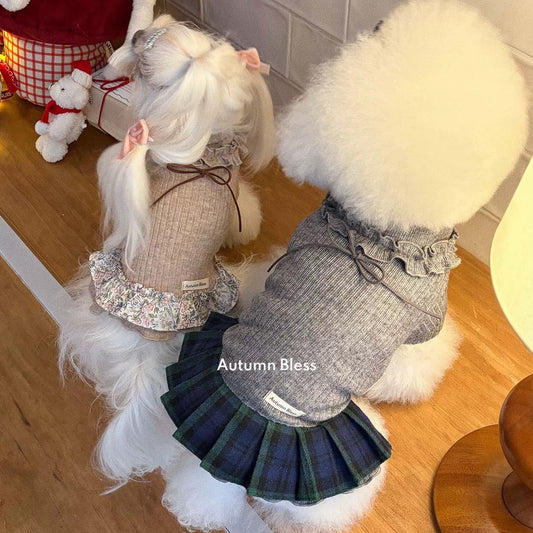 Autumn Bless スウィートニットリボンドレス – チェック／小花柄 | Sweet Knit Ribbon Dress – Plaid / Floral