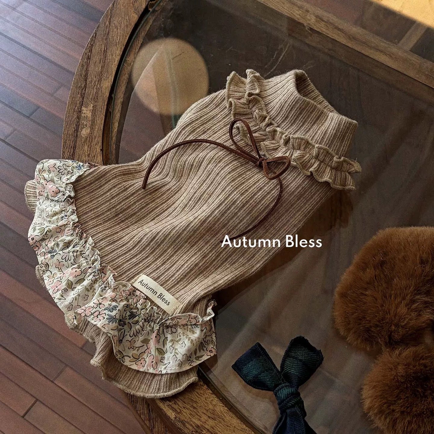 Autumn Bless スウィートニットリボンドレス – チェック／小花柄 | Sweet Knit Ribbon Dress – Plaid / Floral